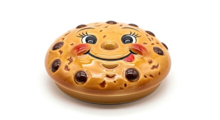 Cute Chocolate Chip Cookie Jar with Smiling Face on White Background