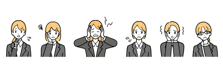 Illustration set of young women in suits looking troubled