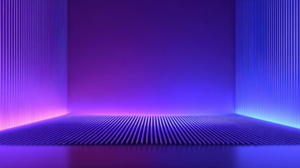 An abstract room is illuminated with neon purple and blue lighting, creating a futuristic and immersive visual experience beautifully.