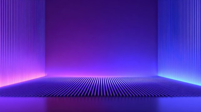 An abstract room is illuminated with neon purple and blue lighting, creating a futuristic and immersive visual experience beautifully.