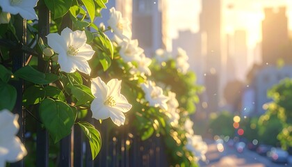 Delicate white flowers cascade down a metal fence, bathed in golden sunlight, with a cityscape softly blurred in the background.