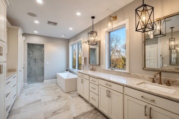 Fototapeta premium Luxurious modern bathroom with double vanity, a soaking tub, and large windows
