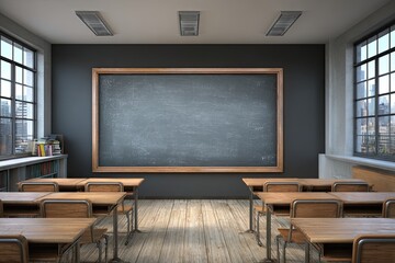 Empty classroom with chalkboard and desks
