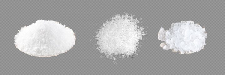 Salt realistic set isolated icons of heaps of edible salt of different crack with salt shakers vector illustration.