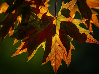 Fototapeta premium Backlit maple leaves glowing in warm autumn sun, rich orange and gold tones, crisp veins, natural bokeh over shaded forest.