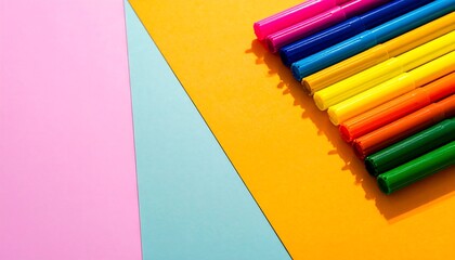 Array of colorful markers cast shadow on a geometric, multicolored background. Markers angled across the vibrant surface