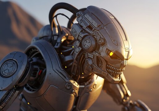 Futuristic alien robot in dystopian world and technological marvel