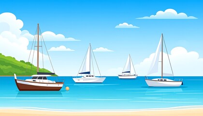 Naklejka premium Three sailboats gracefully glide across a vibrant blue ocean, bathed in the sunshine of a serene tropical day.