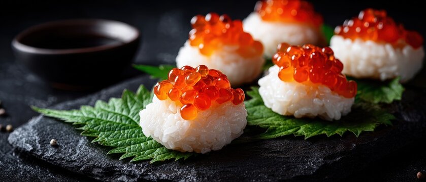 Exquisite rice balls topped with glistening salmon roe served on a slate plate with green leaves and soy sauce for an elegant presentation.