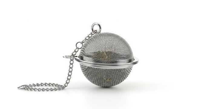 Stainless Steel Mesh Tea Infuser Ball with Chain Isolated on White Background