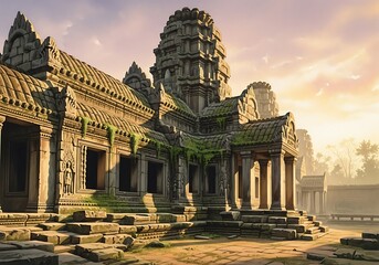 Naklejka premium Ancient stone temple architecture with detailed carving at sunrise