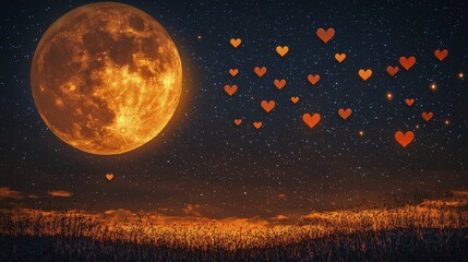 Romantic night scene with a big moon and heart-shaped objects in the sky.