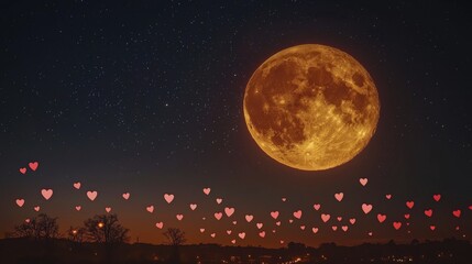 Romantic night scene with a full moon and heart-shaped lights.
