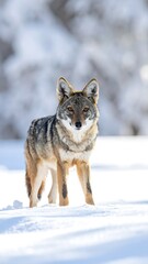 Obraz premium A coyote stands alert in a snowy winter landscape, showcasing its striking coloration against the pristine white background.