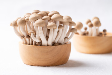 Fresh brown Shimeji mushroom in wooden bowl on white background, Asian edible mushroom, Food ingredients