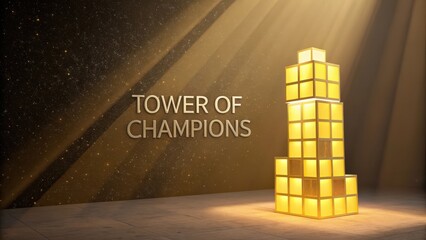 Golden Tower of Champions Illuminated by Soft Spotlight Beams