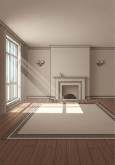 Obraz premium Illustration of a bright room with fireplace and carpet design space
