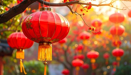 Red lanterns hang from branches, creating a festive atmosphere at sunset.