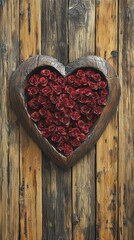 Heart-shaped wooden decor filled with red roses on a rustic wooden background.