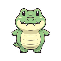 Fototapeta premium A cute, chubby cartoon alligator standing on two legs with a big friendly smile and sharp teeth, isolated on a white background.
