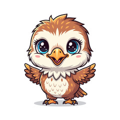 Obraz premium Adorable cartoon baby hawk with big blue eyes and open wings, standing on a white background.