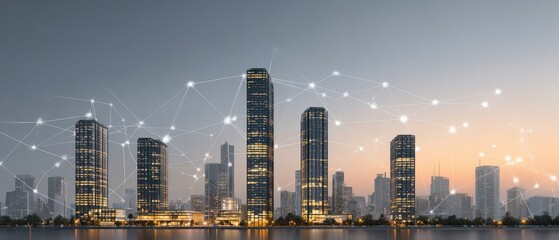 Modern city skyline illuminated at dusk showing connection network overlaying the urban landscape for global communication and technology concepts.