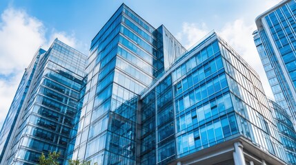 Modern architecture featu multiple glass skyscrapers reflecting a bright blue sky creating a stunning display of urban innovation and design.
