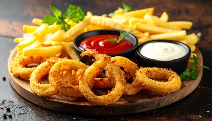 A wooden platter showcases a delicious assortment of fried onion rings, french fries, and dipping sauces.