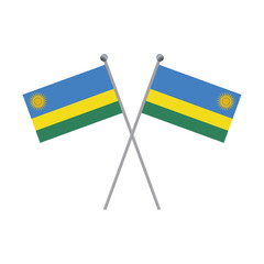 Two Rwandan flags crossed on poles on a black background flat illustration