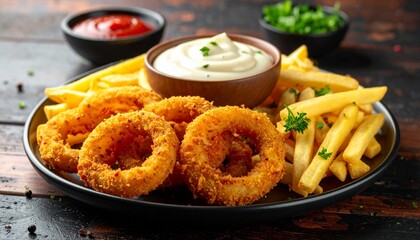 A close-up shot of a plate featuring onion rings, french fries, and dipping sauces.