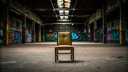 Naklejka premium Lonely chair in abandoned warehouse with graffiti walls and urban decay atmosphere 