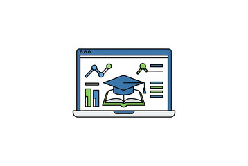 Laptop screen with graduation cap and open book educational data