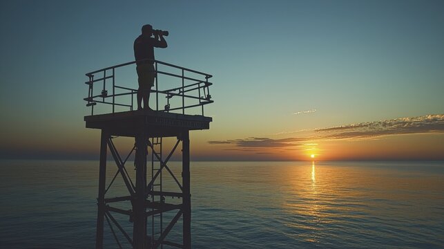 Man on a watchtower observing the sea at sunset