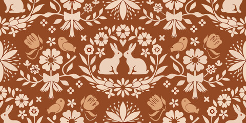 Charming folk art pattern with rabbits birds and flowers in earthy tones