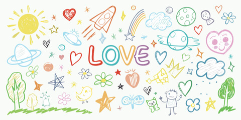 Whimsical hand drawn doodles featuring the word love and colorful elements
