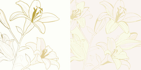 Elegant line art of golden lilies on a light background with a subtle floral pattern