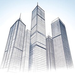 Fototapeta premium Detailed architectural sketch of modern skyscrapers, showcasing intricate design and urban landscape.