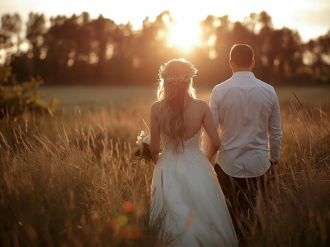 Backlit wedding couple in tall grass at golden hour; bride in flowing gown, rustic field romance under warm sunset glow.