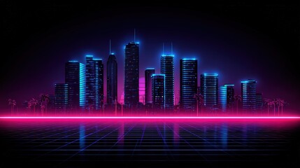 A futuristic cityscape glows with vibrant neon lights against a dark background in a retro 80s inspired synthwave aesthetic design.