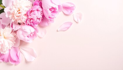 Fototapeta premium A vibrant cluster of delicate pink flowers with soft petals and green stems, beautifully arranged against a clean, crisp white background, creating a fresh, serene atmosphere.