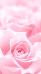 A soft-focus background featuring delicate pink rose flowers in full bloom, creating a romantic and serene atmosphere with lush green leaves.