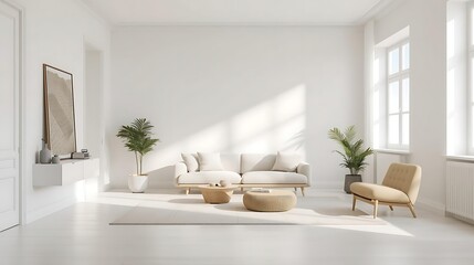 The image shows a bright and clean living room with a minimalist design- 3D rendering