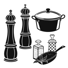 A collection of black and white illustrations of kitchen essentials including pepper mills a cooking pot spice jars and a scoop of spices with herbs