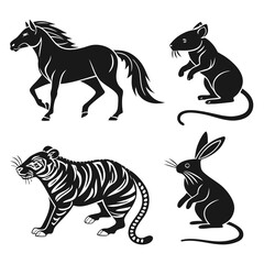 Obraz premium Collection of stylized black silhouettes of a horse tiger rat and rabbit on a white background representing zodiac animals and nature