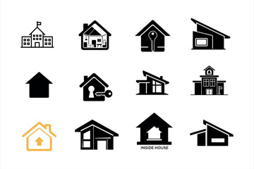 Fototapeta premium Collection of twelve black and gold house and building icons house icon school icon