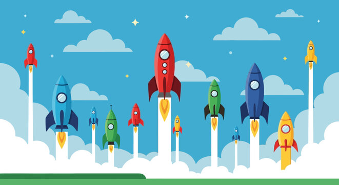 Colorful rockets launching into the sky representing innovation and progress.
