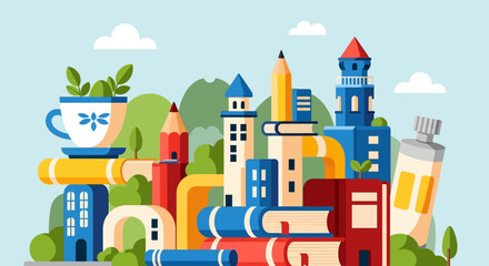 Creative Learning Cityscape of Books Pencils and Art Supplies.