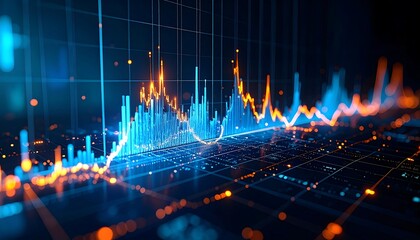 Digital representation of data with vibrant blue and orange wave patterns, creating a futuristic and technological visualization
