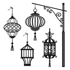 Collection of decorative black silhouette lanterns and hanging lamps with intricate designs and tassels isolated on a white background