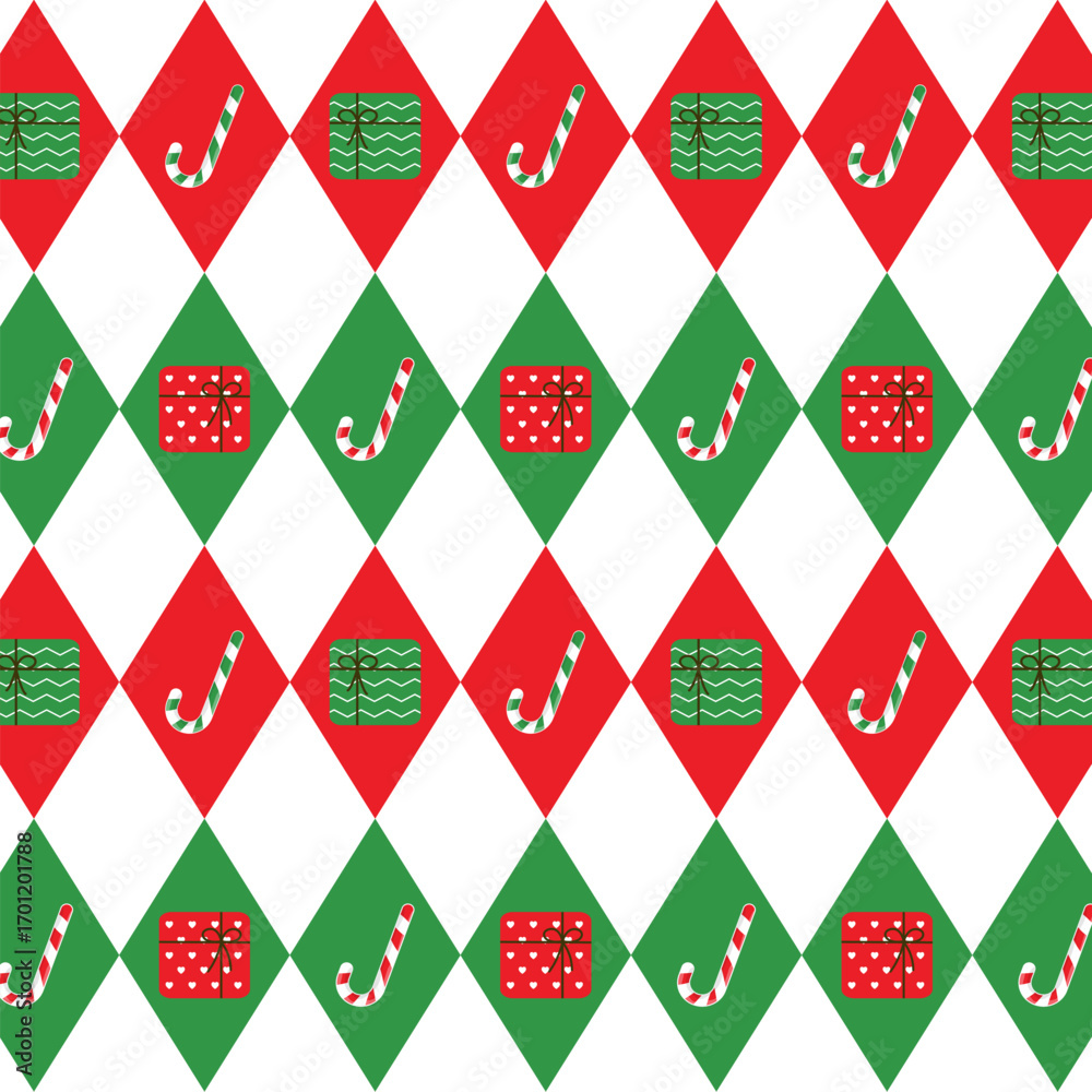 Sticker seamless argyle pattern with gift boxes and candy canes.colorful harlequin repeat pattern in green a